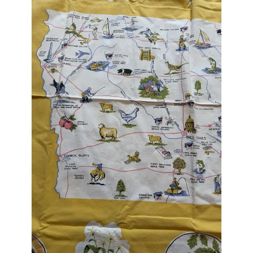 Vintage Iowa State Souvenir Tablecloth 44” Square Hawkeye State Map Cotton 60s